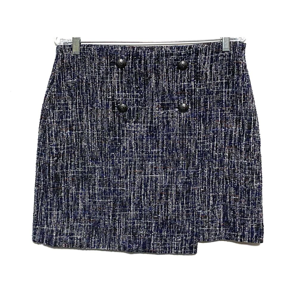 Loft Tweed Crest Button Wrap Skirt 8 Dark Academia Career Preppy Quiet Luxury
